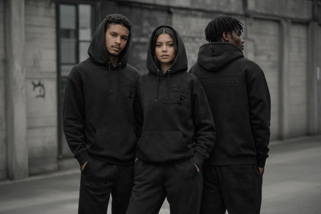 Three people wearing black hoodies with a brand logo, standing outdoors.